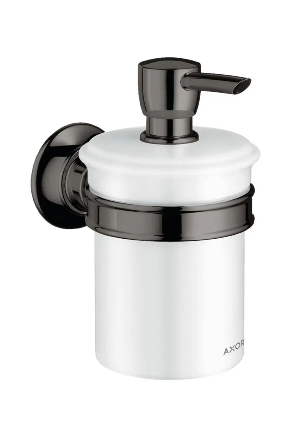 Wandmontierter Spender mit beweglichem Auslass und weißem Behälter. Halterung und Deckel in poliertem Schwarzchrom. Produkt von AXOR.